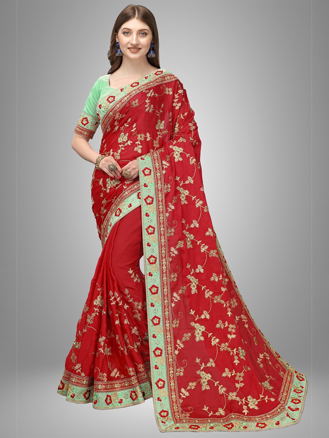 

Trendmalls Red & Green Floral Mysore Silk Saree