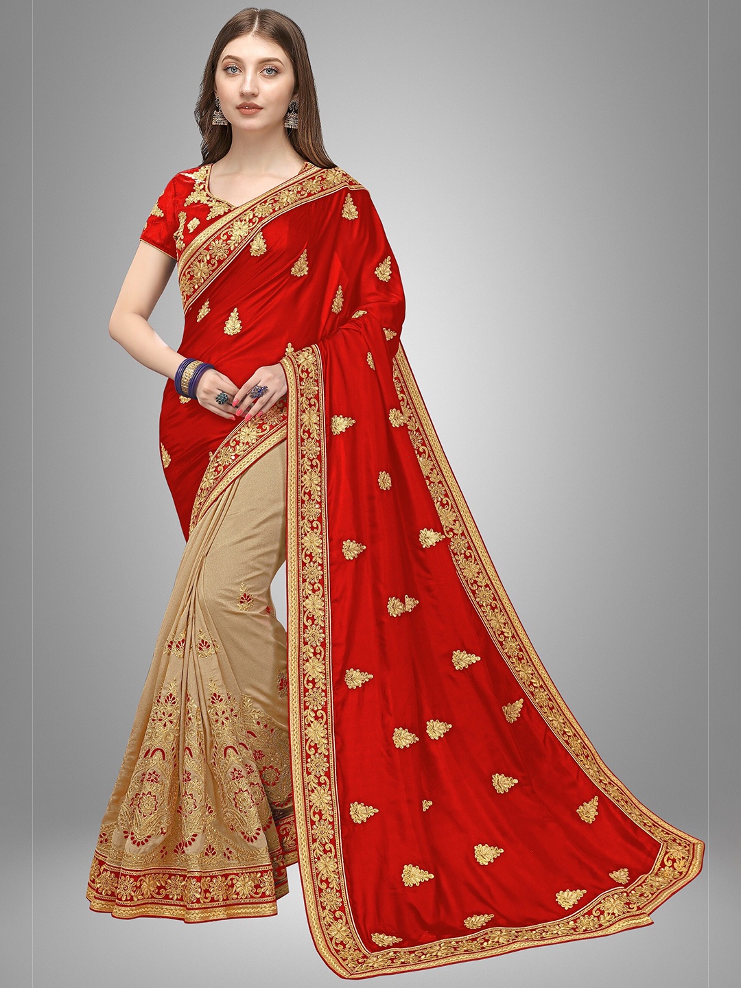 

Trendmalls Red & Gold-Toned Ethnic Motifs Embroidered Pure Silk Half and Half Saree