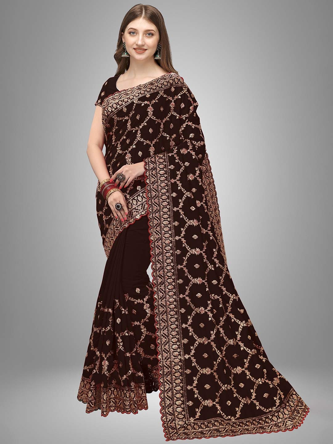 

Trendmalls Brown & Gold-Toned Floral Zari Pure Silk Mysore Silk Saree