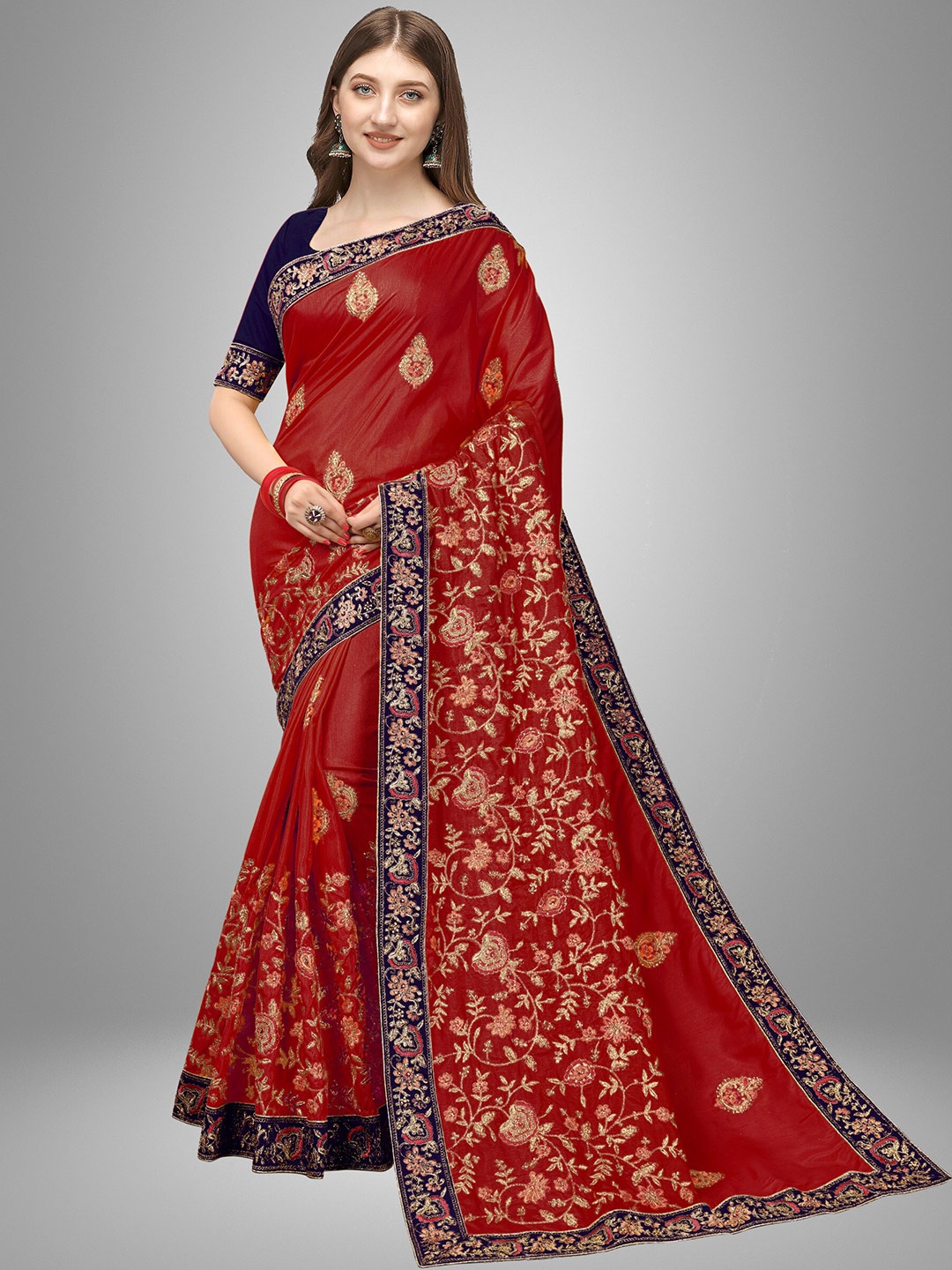 

Trendmalls Red Floral Embroidered Satin Heavy Work Mysore Silk Saree