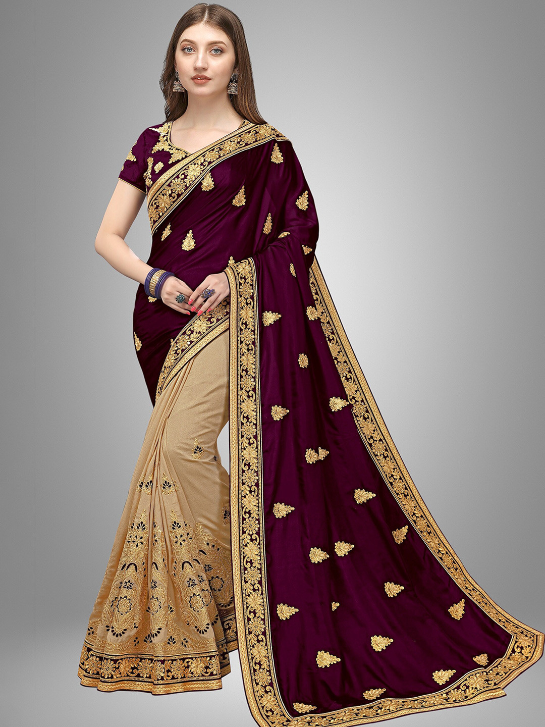 

Trendmalls Women Purple & Beige Ethnic Motifs Embroidered Pure Silk Mysore Silk Saree