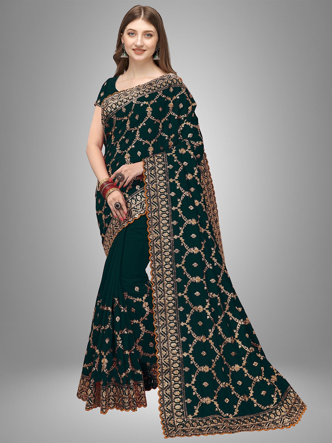 

Trendmalls Sea Green Heavy Floral Embroidered Pure Mysore Silk Saree