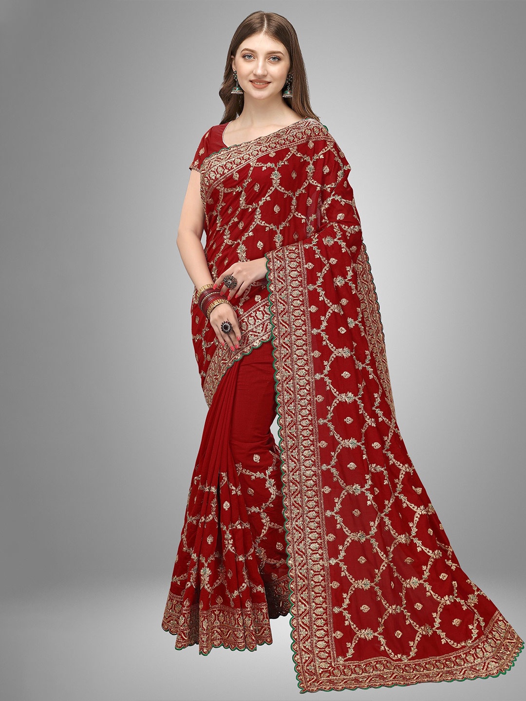 

Trendmalls Women Red & Gold-Toned Floral Pure Silk Mysore Silk Saree