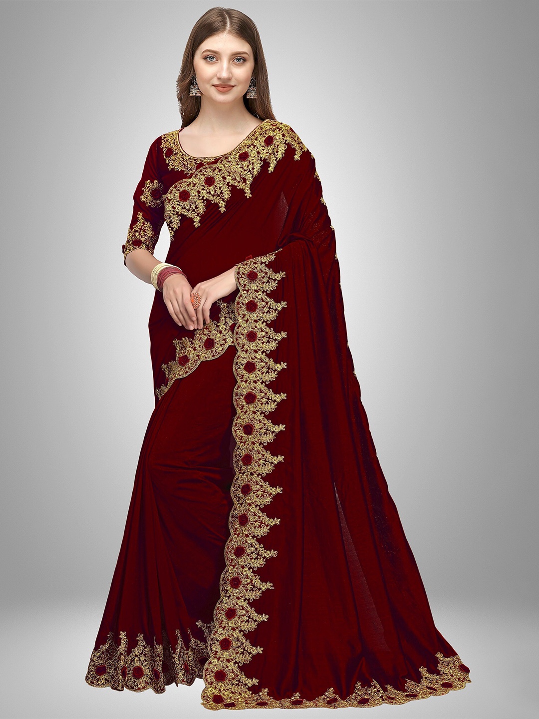 

Trendmalls Brown & Gold-Toned Embroidered Satin Mysore Silk Saree