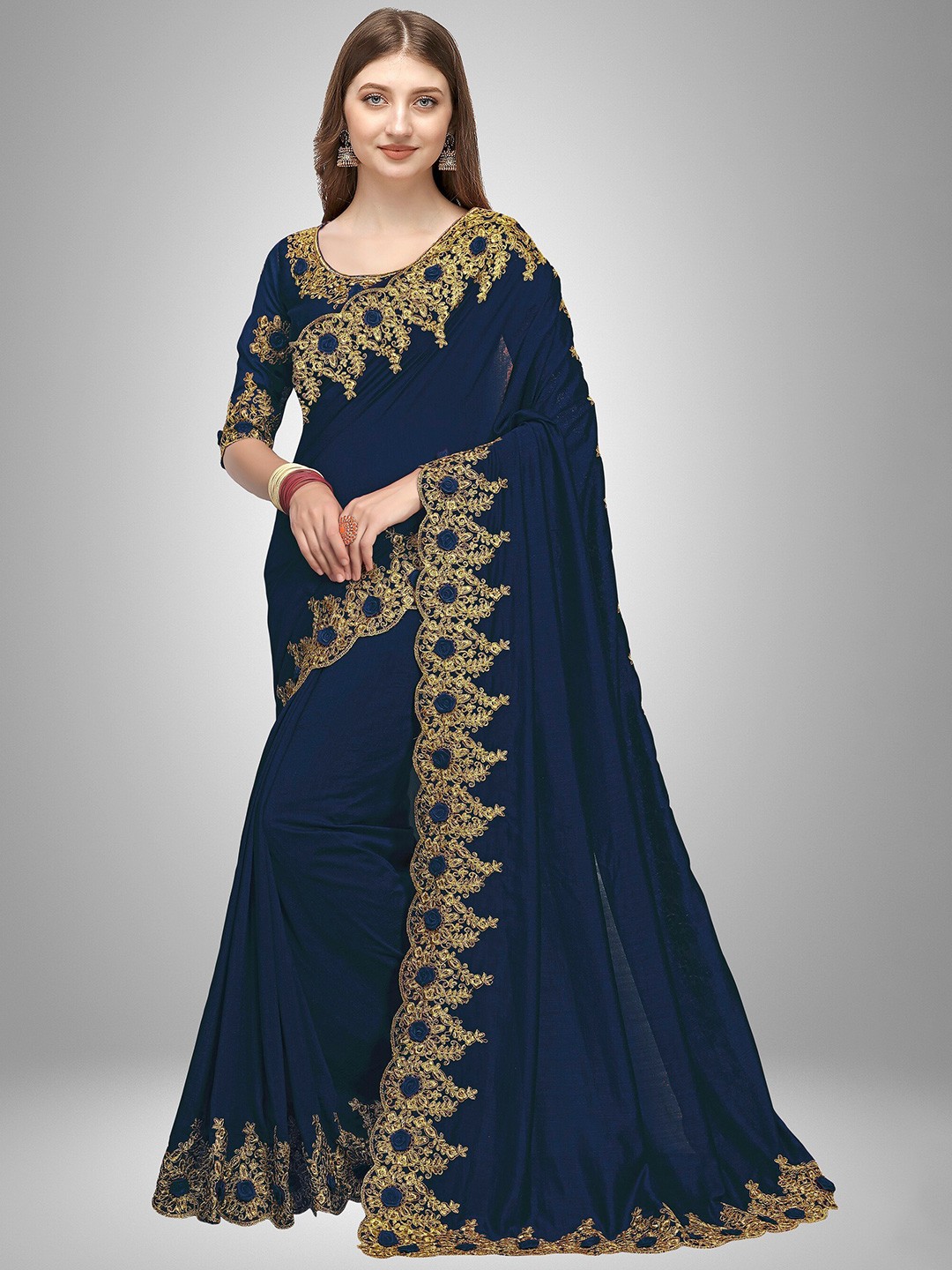 

Trendmalls Blue & Gold-Toned Embroidered Satin Mysore Silk Saree