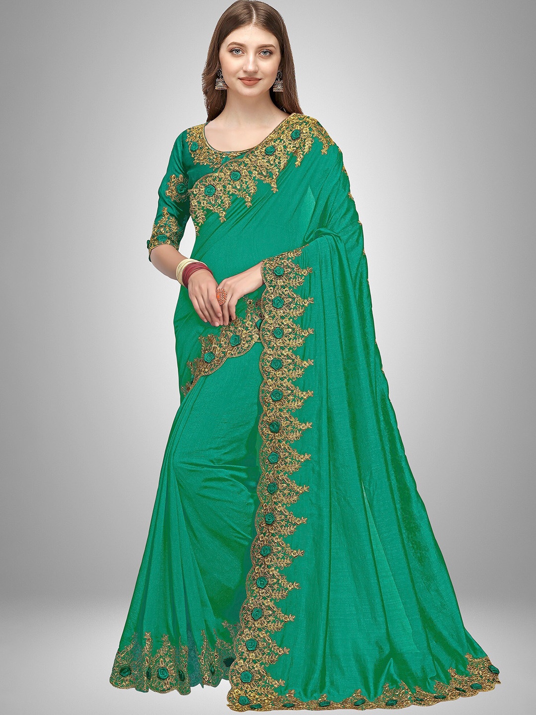 

Trendmalls Women Green & Gold-Toned Heavy Embroidery Satin Mysore Silk Saree