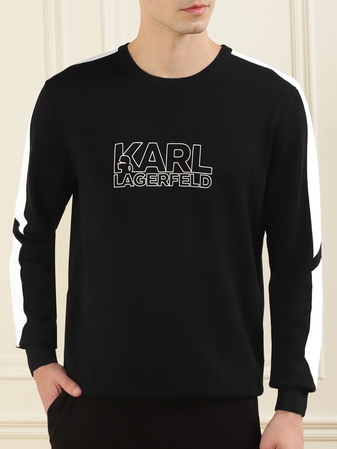 

Karl Lagerfeld Men Black & White Typography Printed Pullover