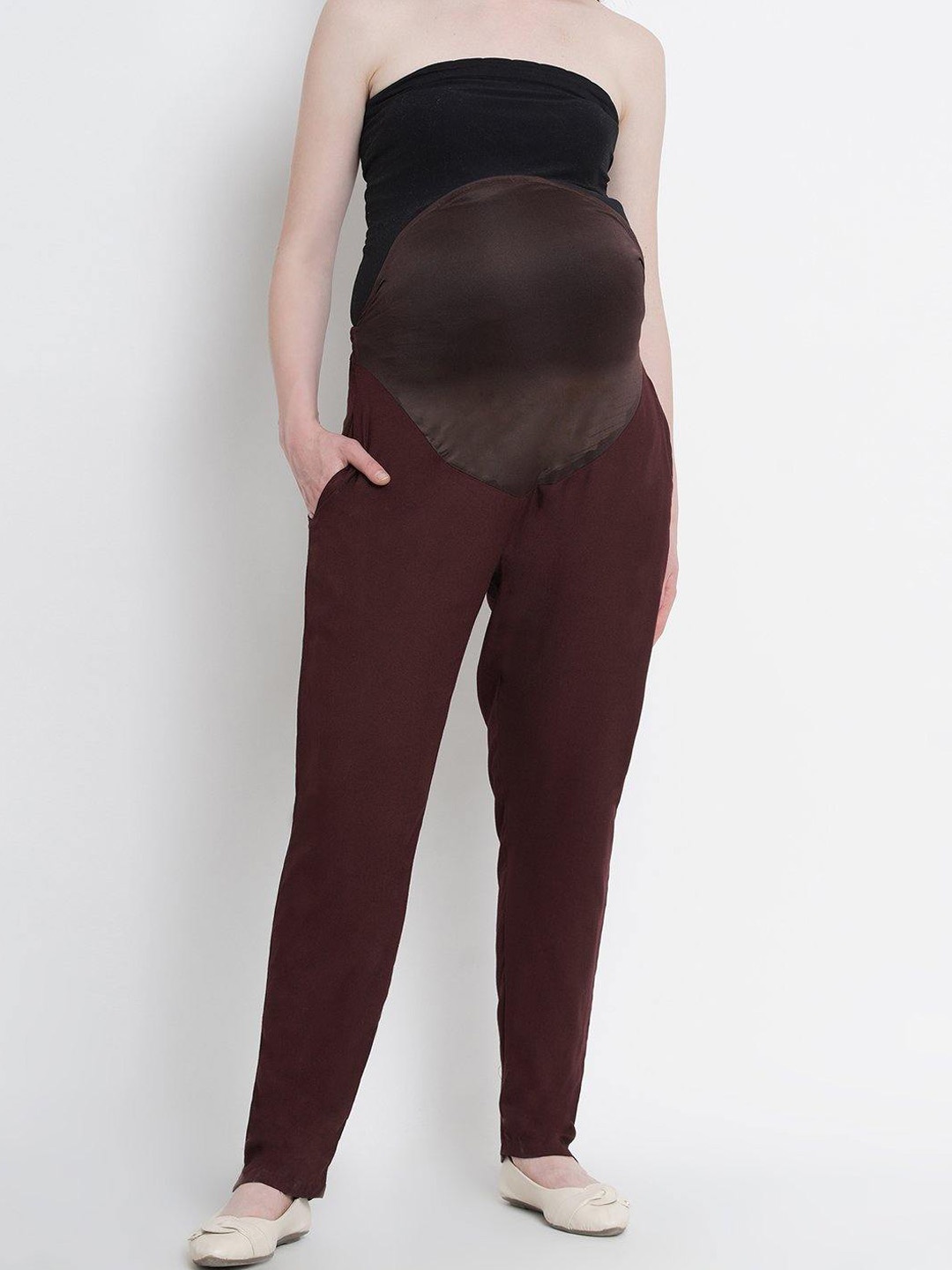 

Mine4Nine Women Brown Relaxed Straight Leg High-Rise Maternity Trousers