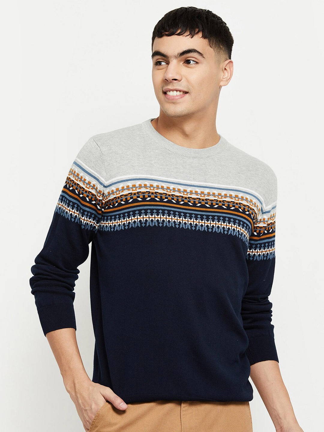 

max Men Blue & Grey Striped Pullover