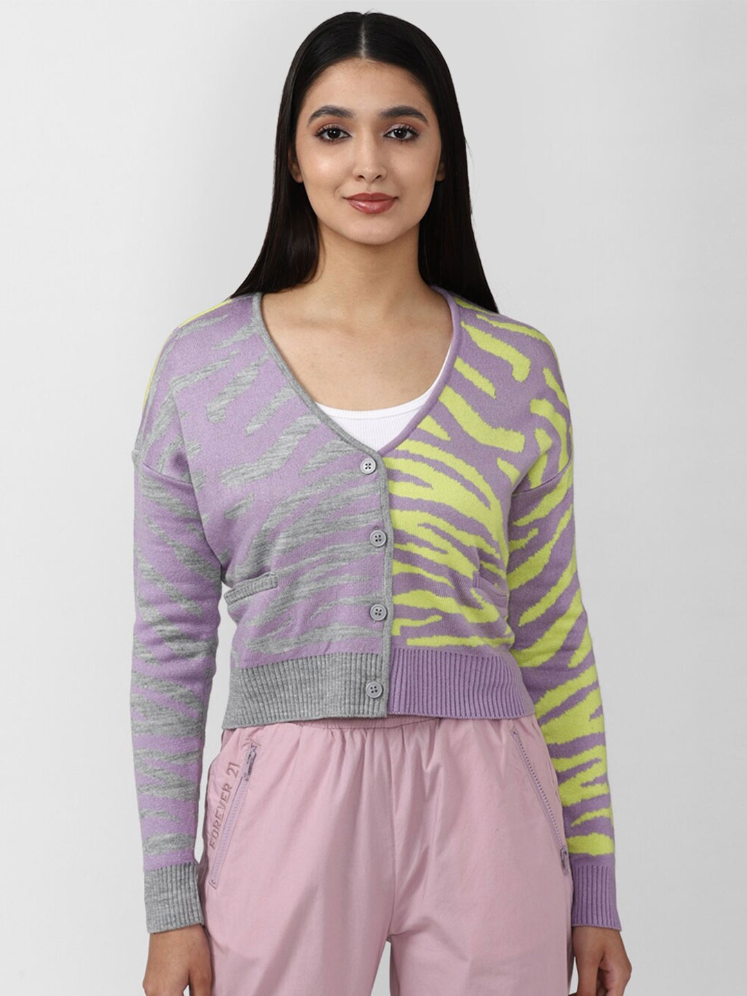 

FOREVER 21 Women Purple & Yellow Printed Cardigan Sweater