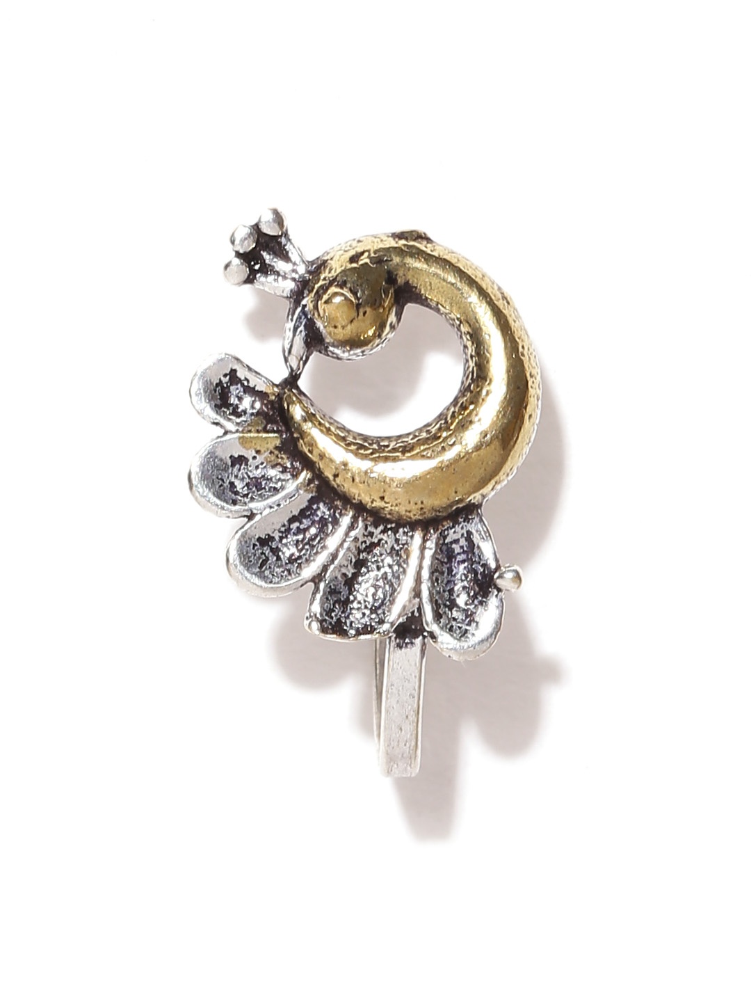 

Infuzze Oxidised Silver-Toned & Antique Gold-Toned Peacock-Shaped Clip-On Nosepin