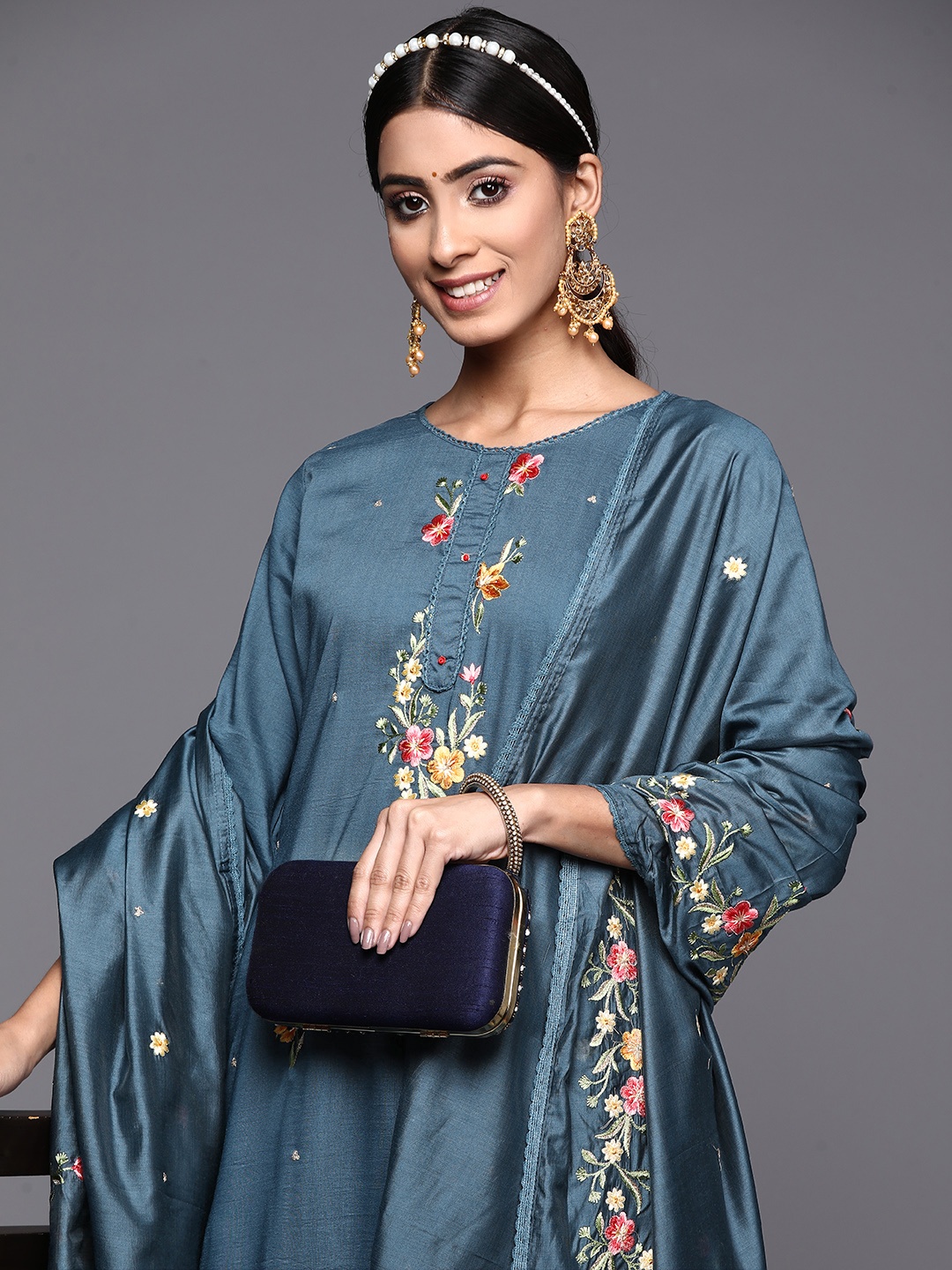 

Indo Era Women Blue Embroidered Thread Work Kurta with Trousers & With Dupatta