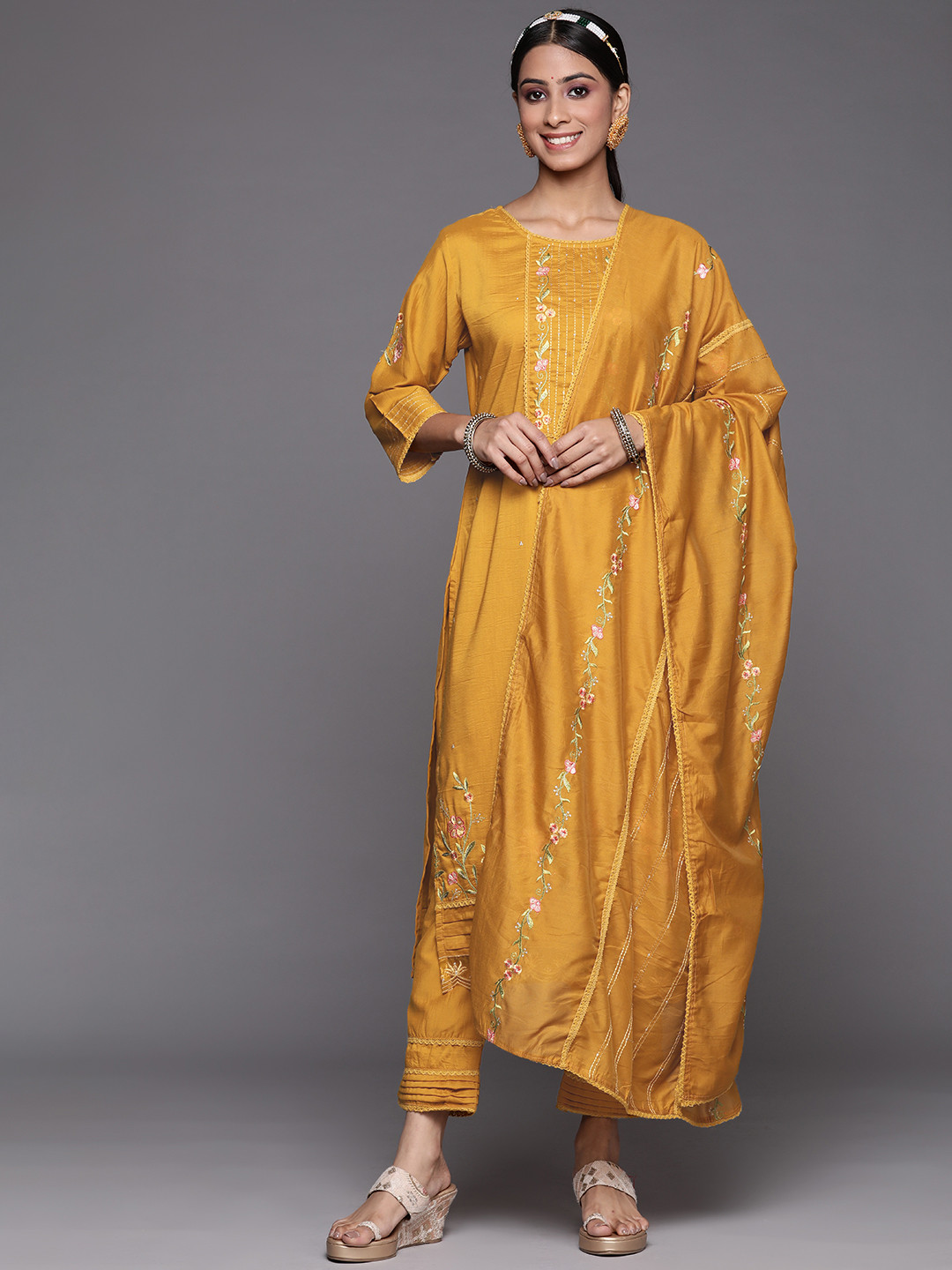 

Indo Era Women Mustard Yellow Floral Embroidered Sequinned Kurta with Trousers & With Dupatta
