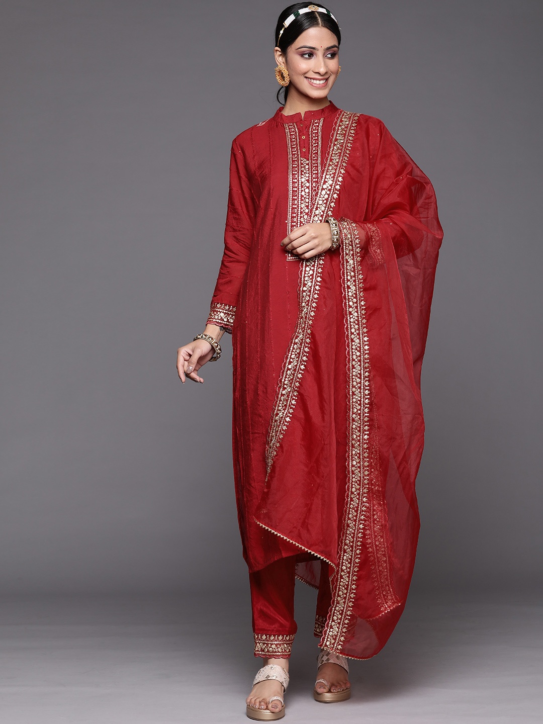 

Indo Era Women Red Floral Yoke Design Sequinned Kurta with Trousers & With Dupatta