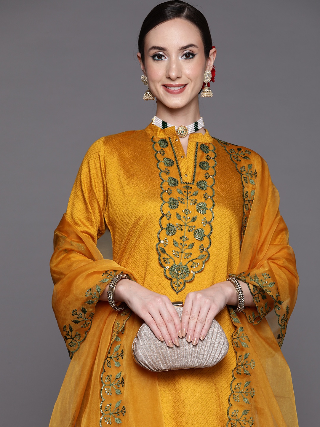 

Indo Era Women Mustard Yellow & Green Yoke Design Kurta with Trousers & Dupatta