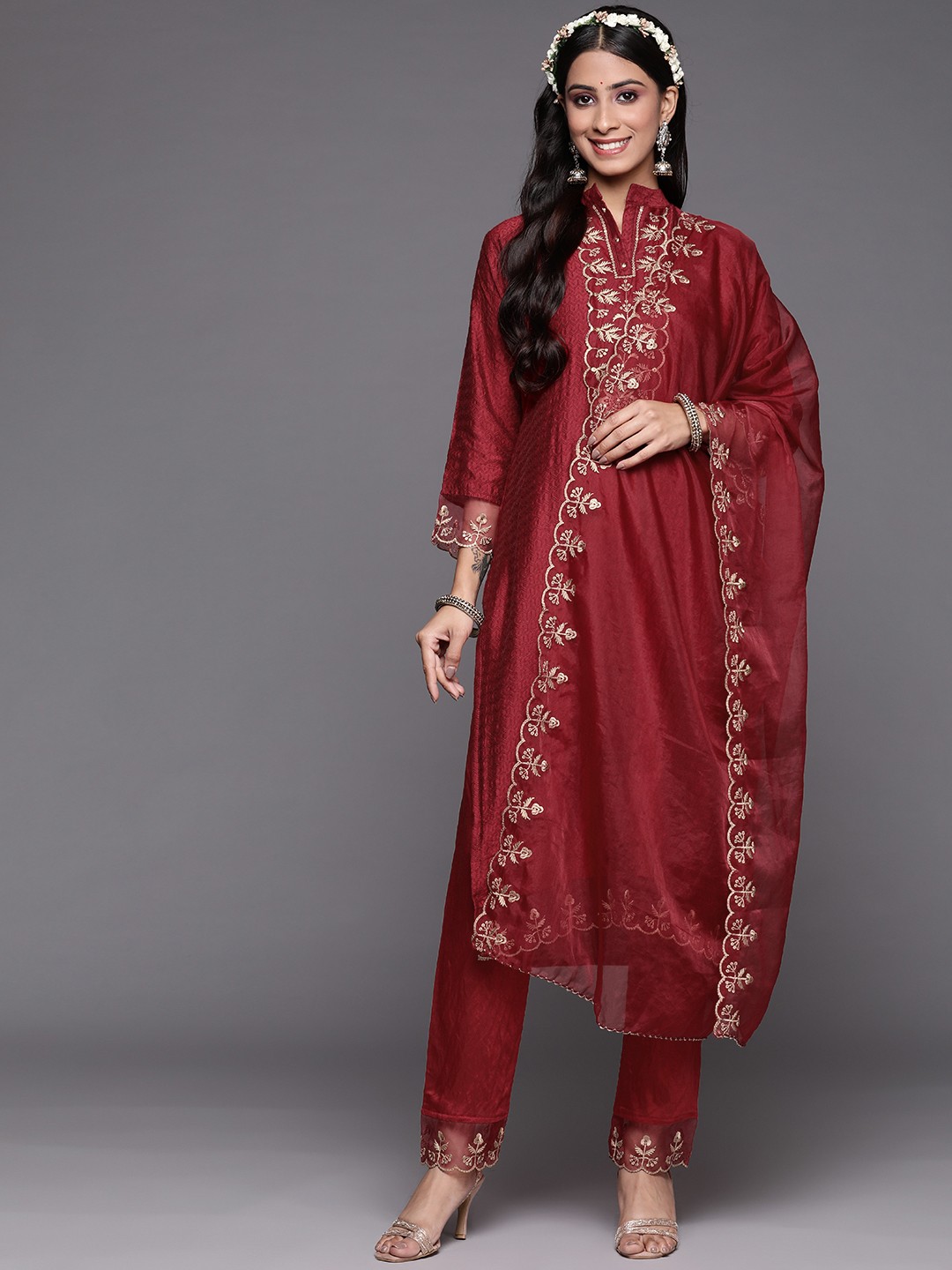 

Indo Era Women Maroon & Golden Yoke Design Kurta with Trousers & With Dupatta