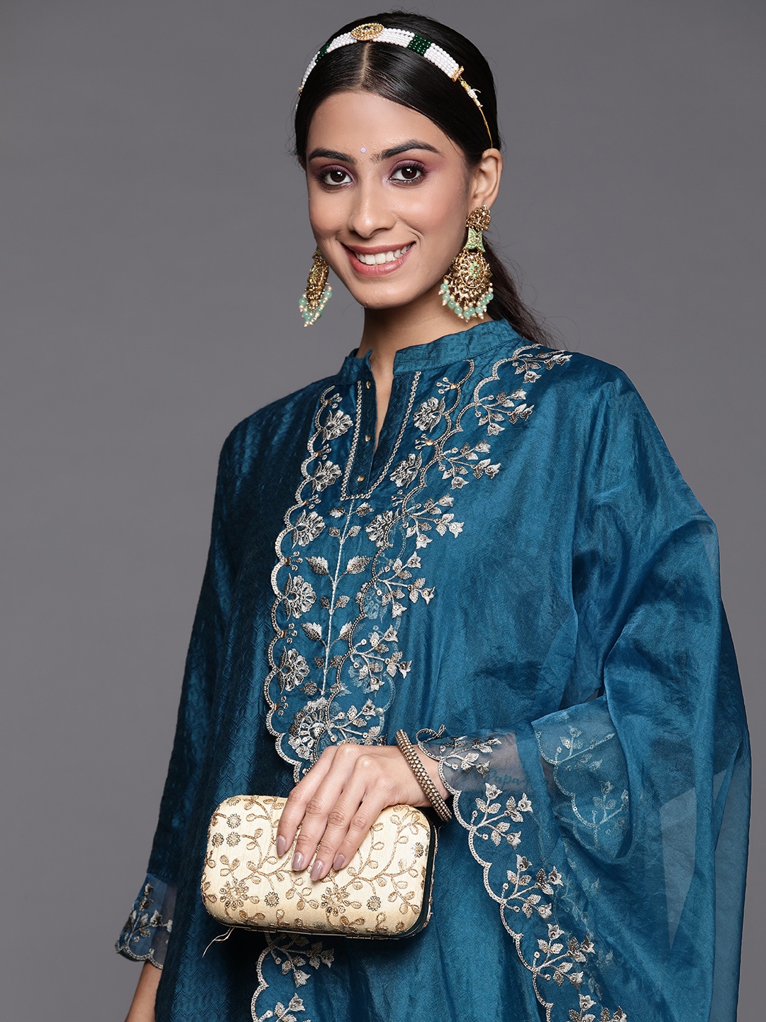

Indo Era Women Teal Floral Embroidered Kurta with Trousers & With Dupatta