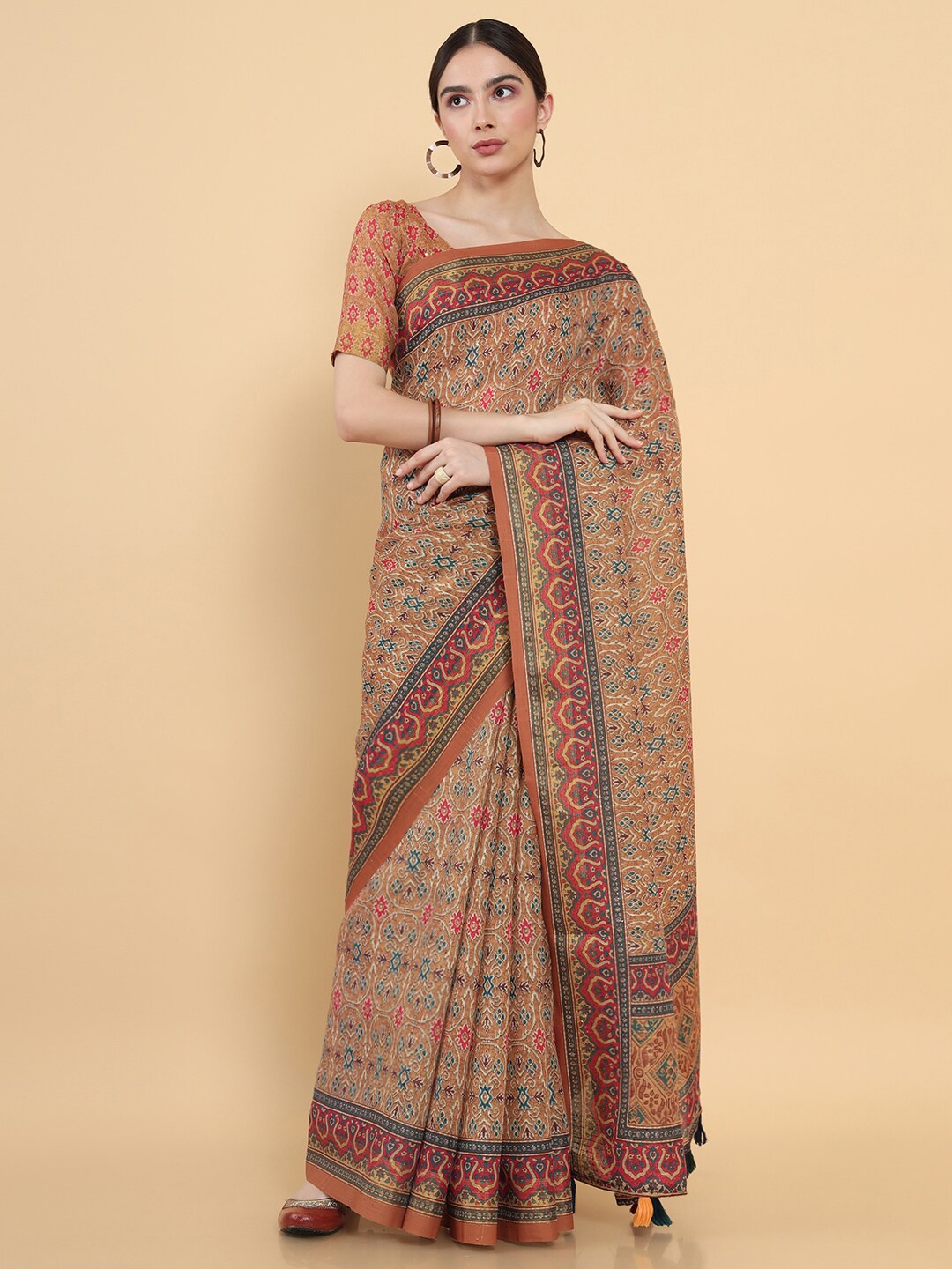 

Soch Mustard & Red Batik Polycotton Printed Saree