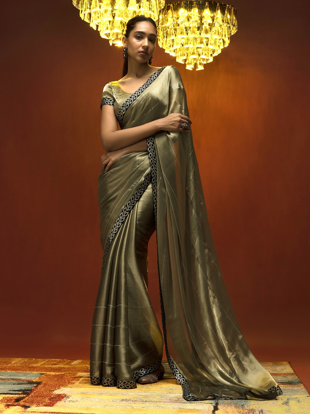 

Soch Green & Black Beads and Stones Embellished Organza Saree