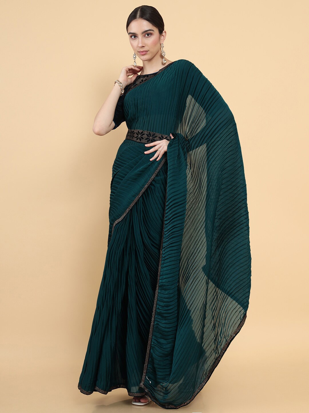 

Soch Women Teal Sequinned Pure Crepe Saree