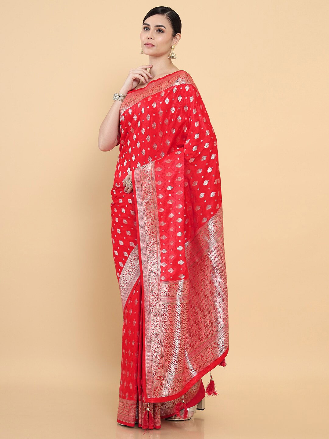 

Soch Red & Gold-Toned Floral Zari Silk Cotton Saree