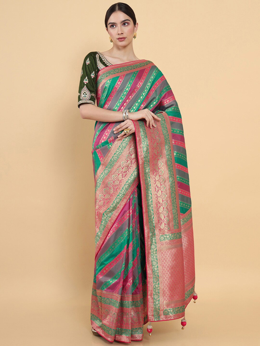 

Soch Green & Pink Woven Design Zari Silk Cotton Saree