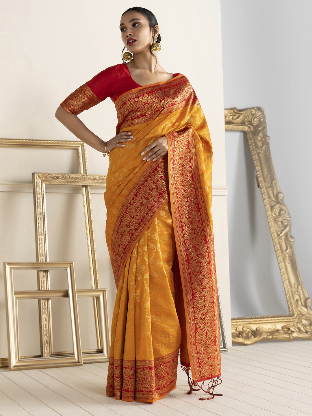 

Soch Orange & Red Woven Design Zari Silk Cotton Saree