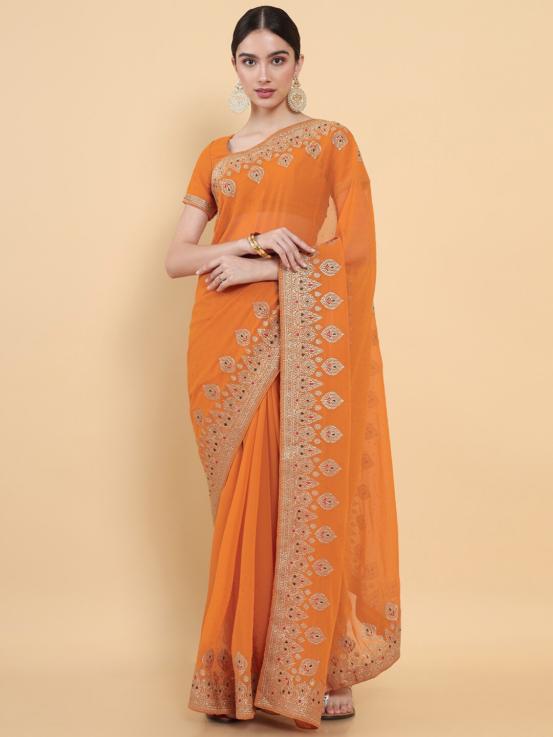 

Soch Orange & Gold-Toned Embroidered Pure Georgette Saree