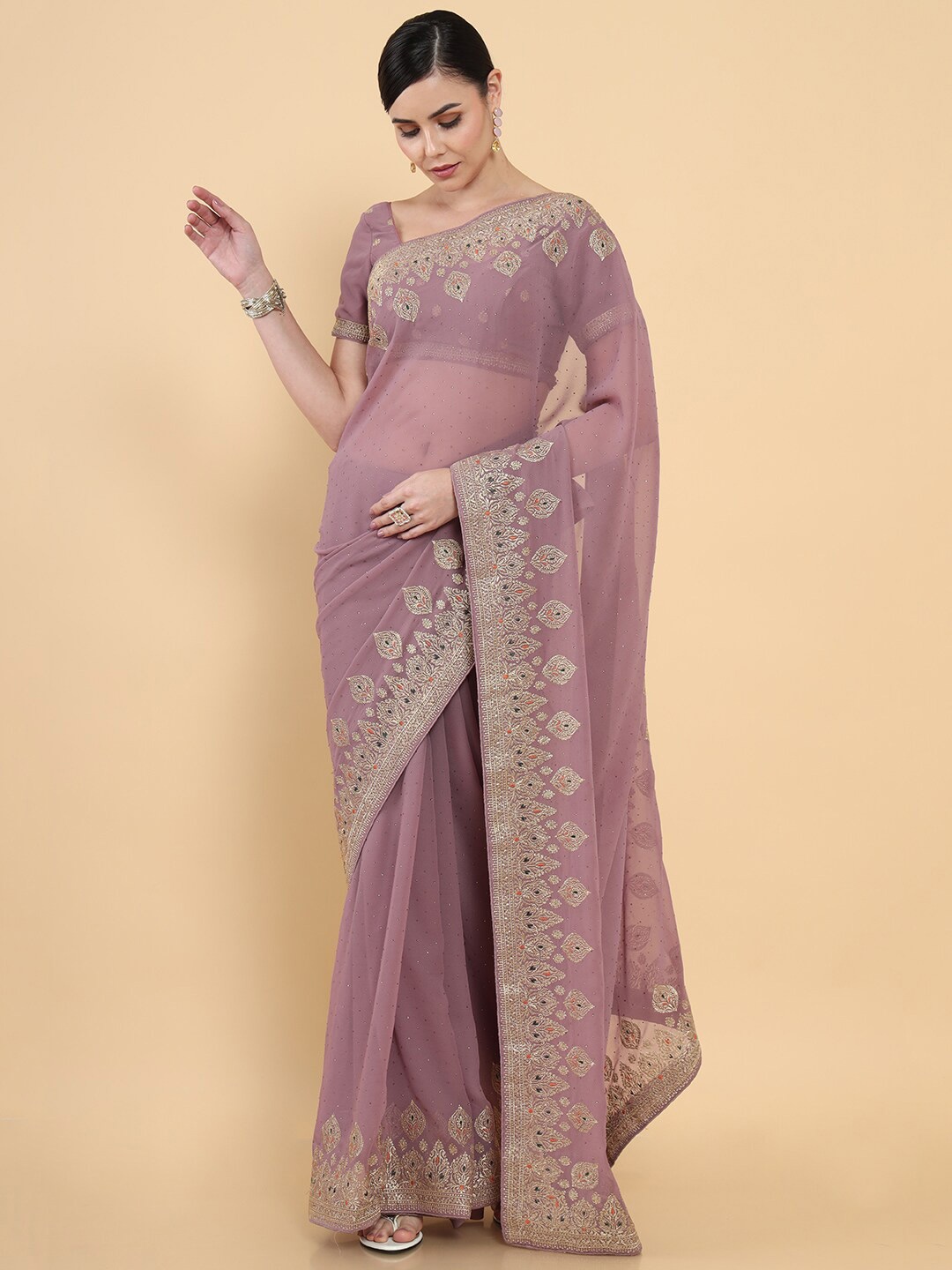 

Soch Mauve & Gold-Toned Beads and Stones Pure Georgette Saree