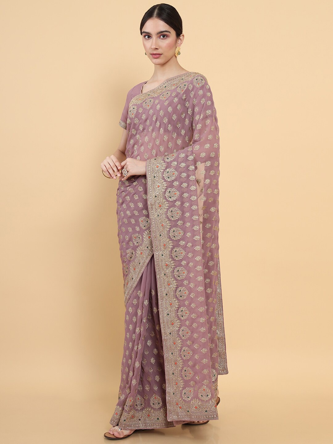 

Soch Purple & Gold-Toned Floral Zari Pure Georgette Saree