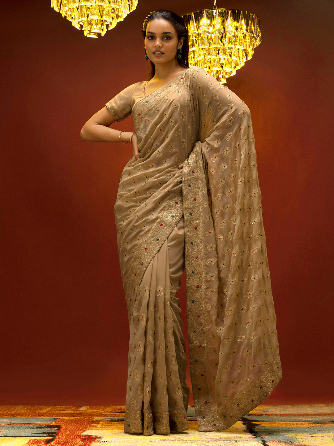 

Soch Beige & Red Floral Embroidered Pure Georgette Saree