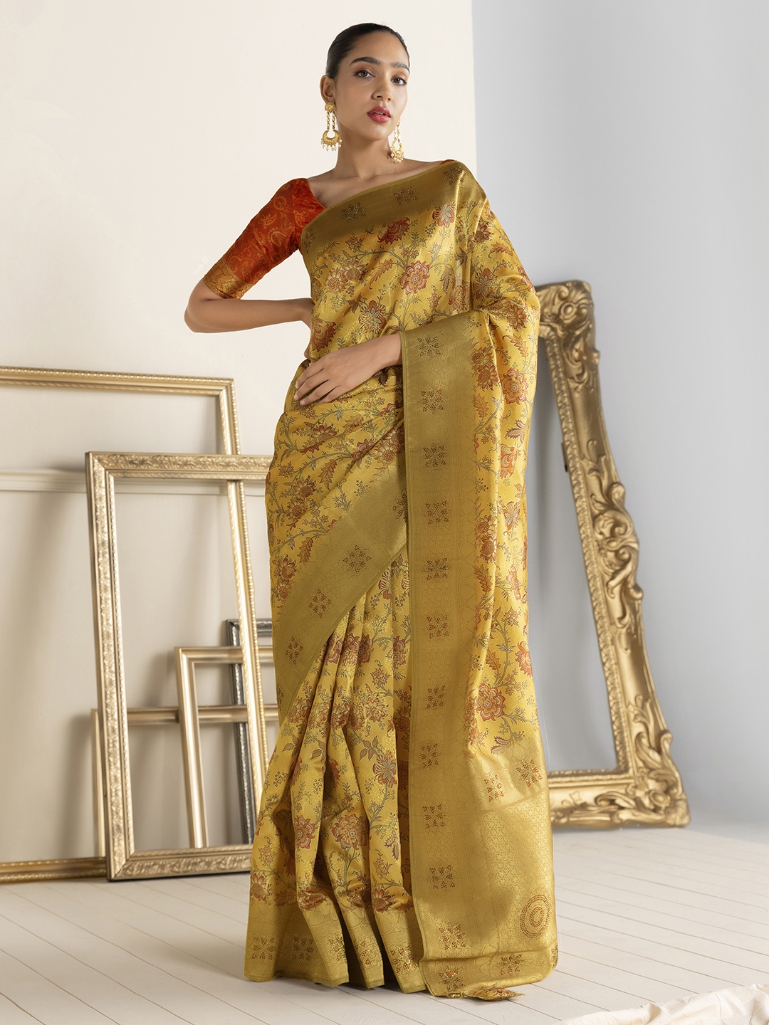 

Soch Mustard Yellow & Green Floral Zari Saree