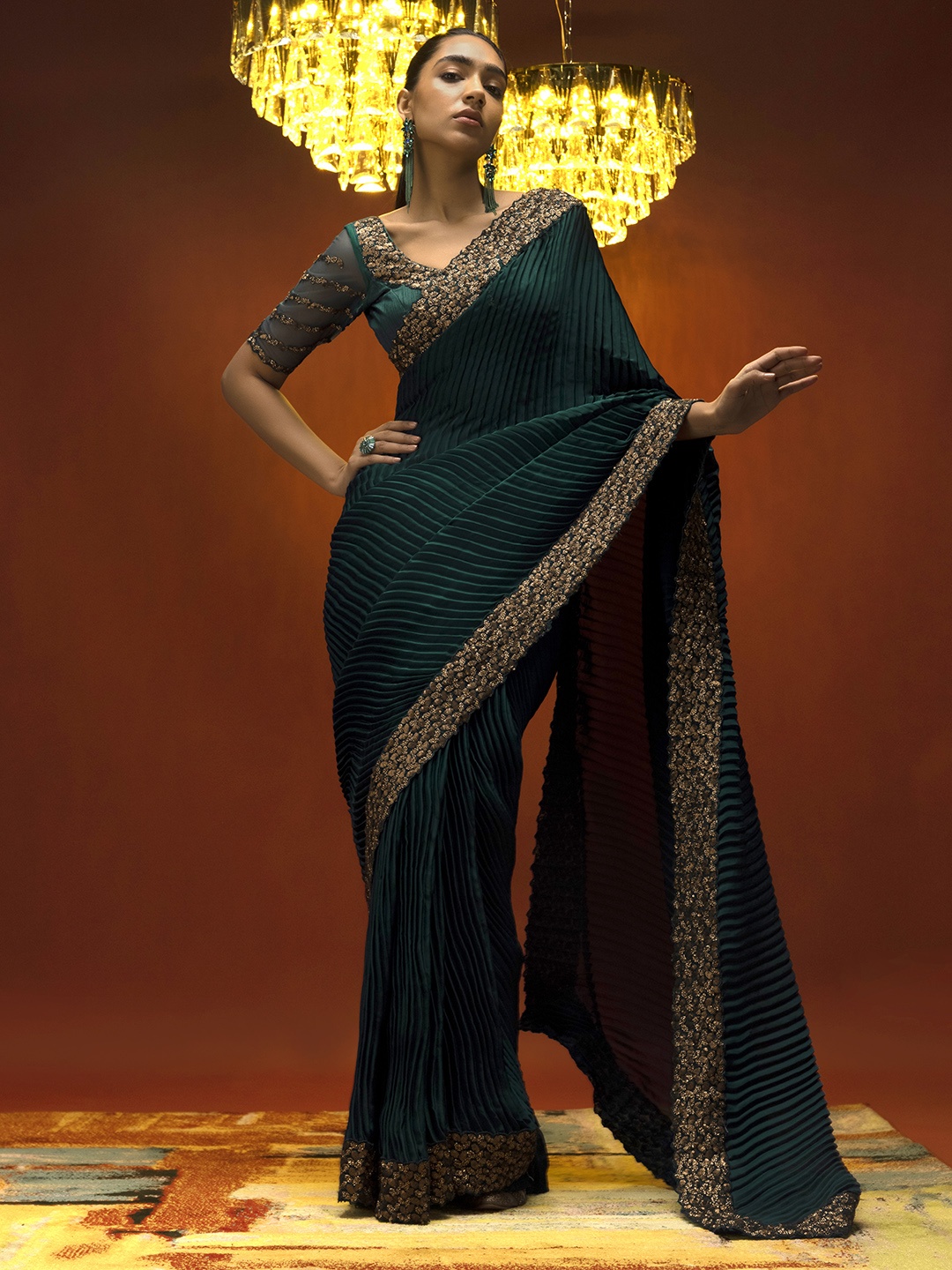 

Soch Teal & Gold-Toned Sequinned Pure Crepe Saree