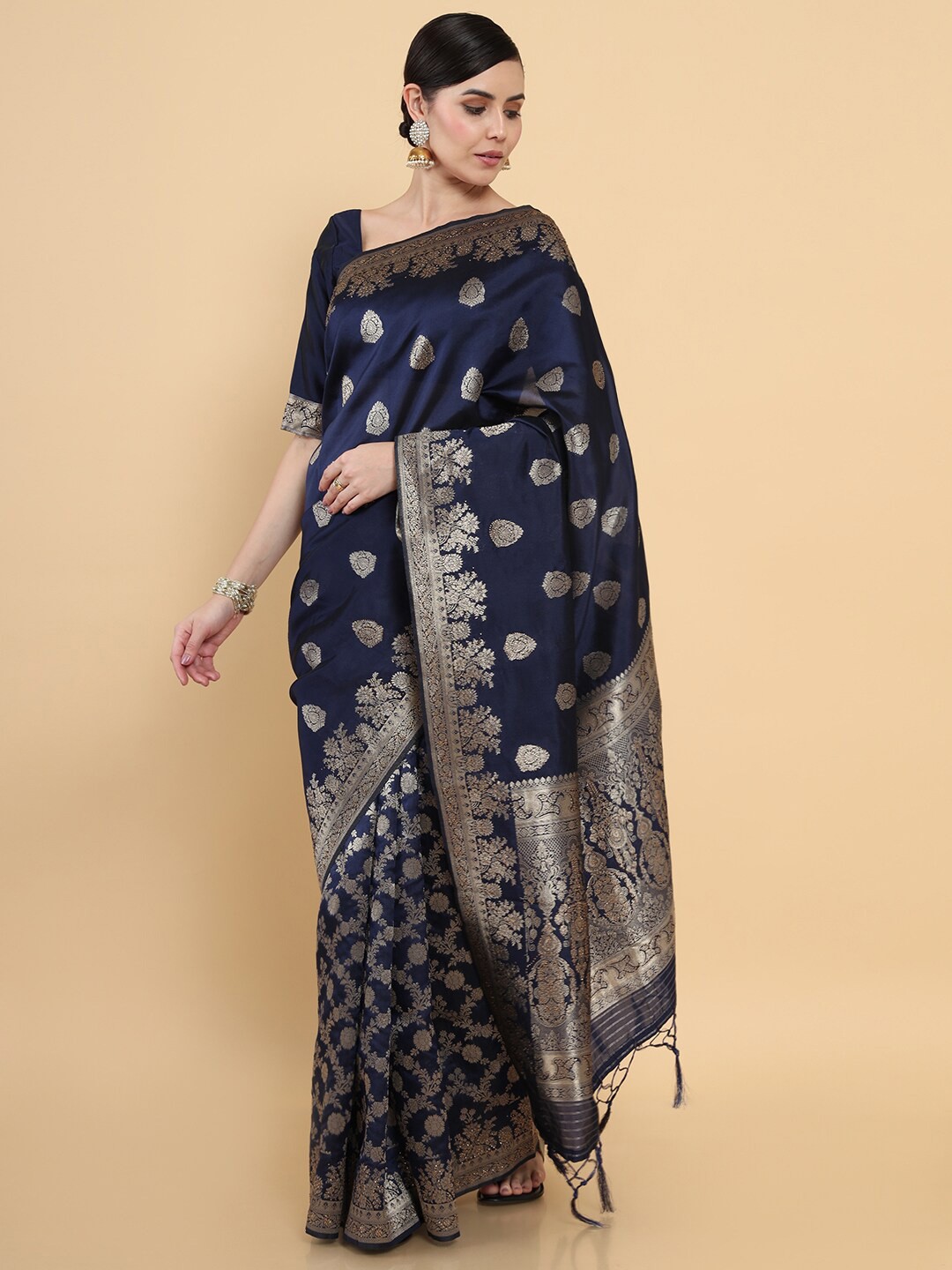 

Soch Navy Blue & Gold-Toned Woven Design Zari Silk Cotton Saree