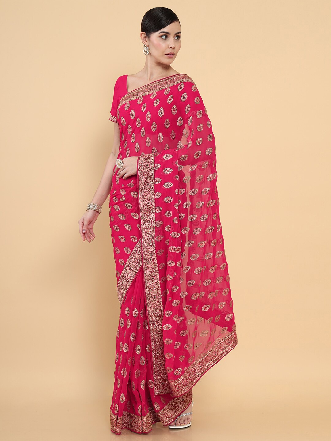 

Soch Fuchsia & Gold-Toned Floral Zari Pure Georgette Saree