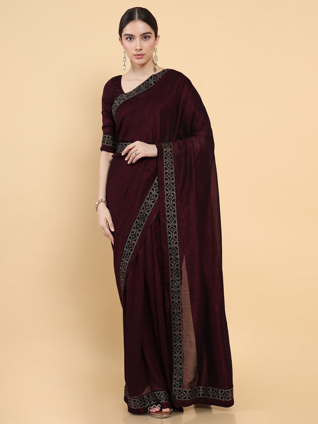 

Soch Women Maroon & Black Polycotton Solid Saree