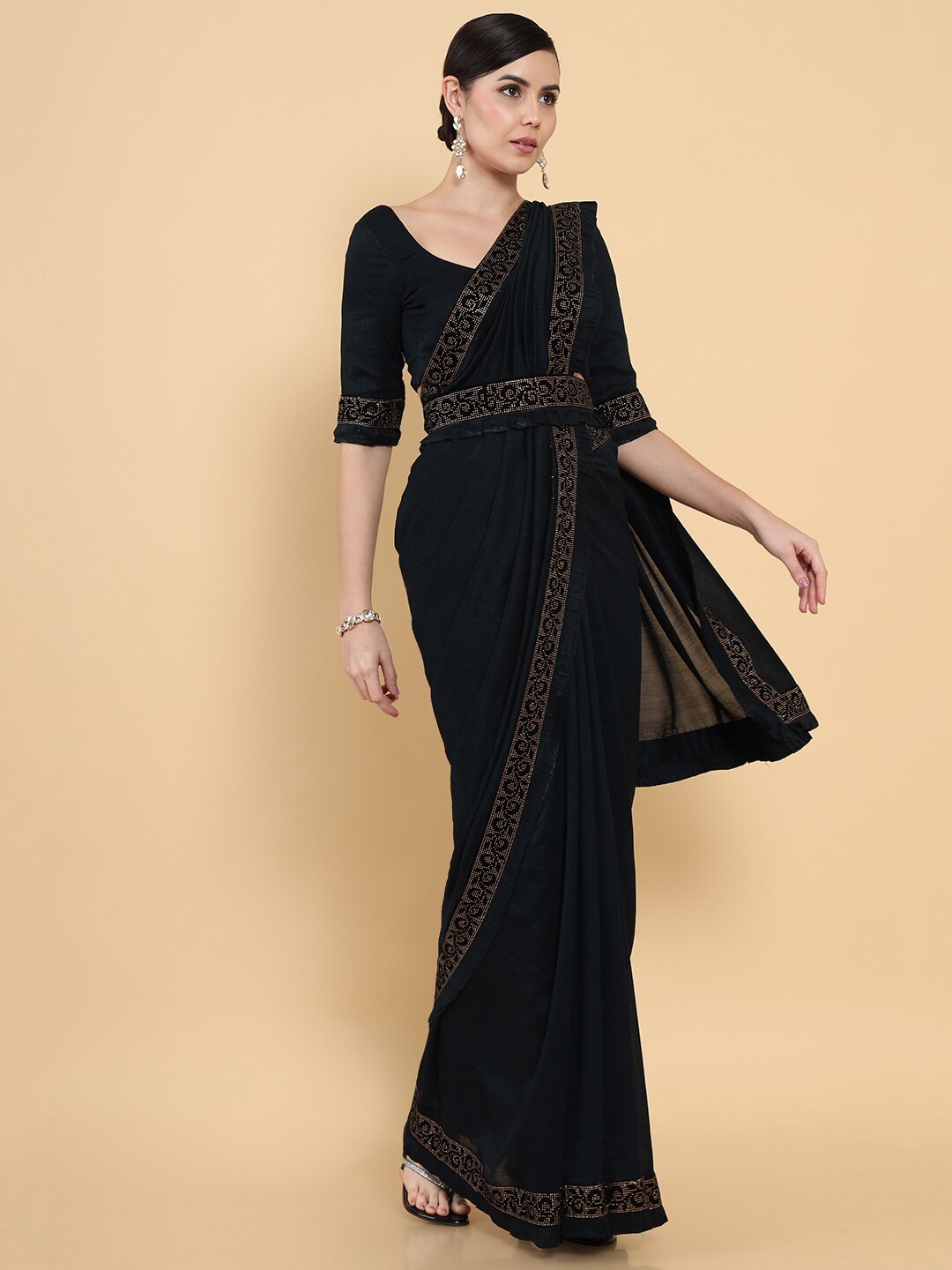 

Soch Navy Blue Floral Beads and Stones Silk Cotton Saree