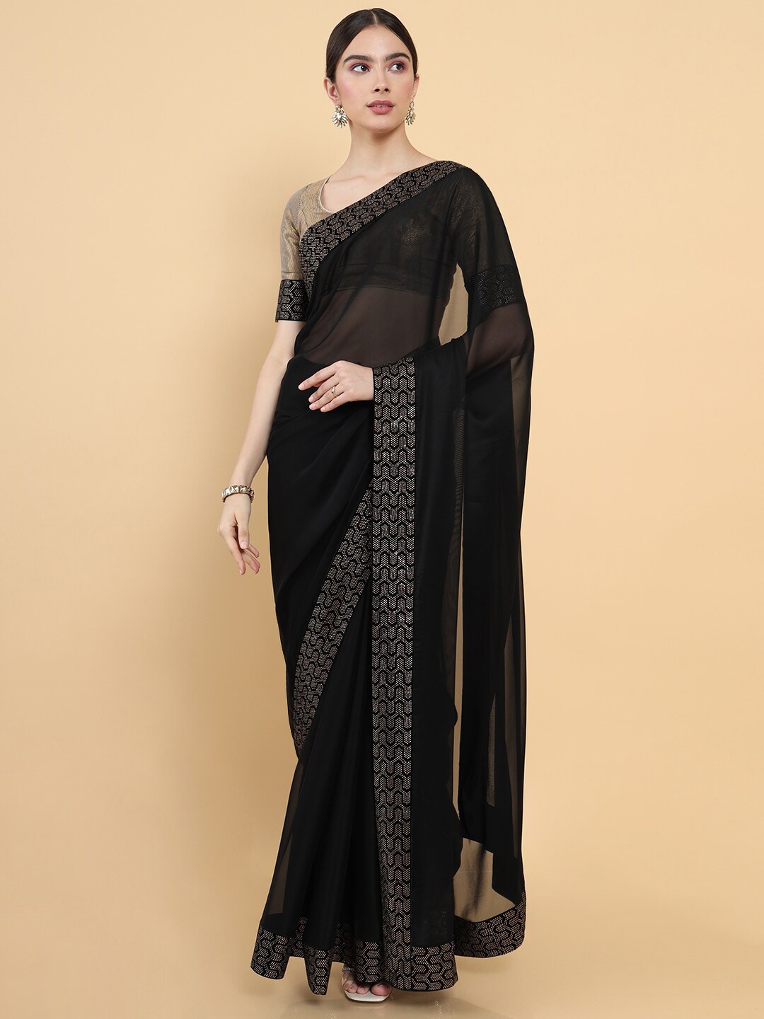 

Soch Black & Gold-Toned Beads and Stones Silk Cotton Saree