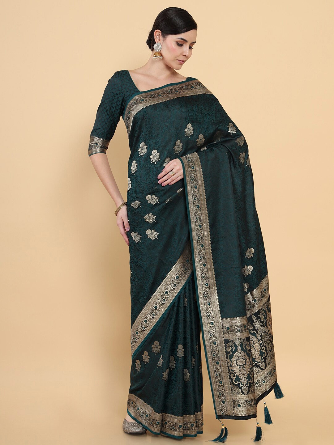 

Soch Teal & Gold-Toned Floral Zari Silk Cotton Saree