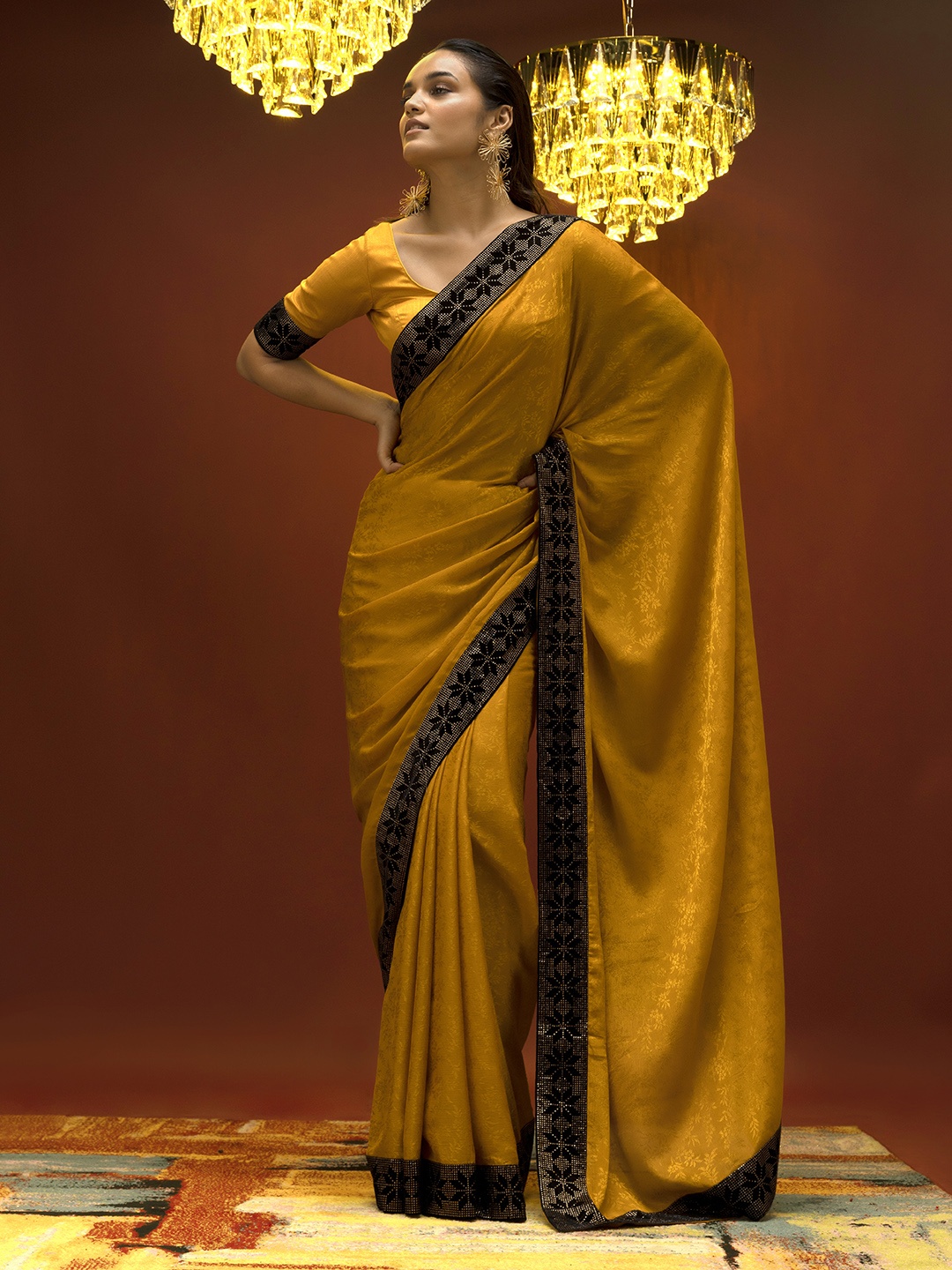 

Soch Mustard & Black Floral Silk Cotton Embellished Saree