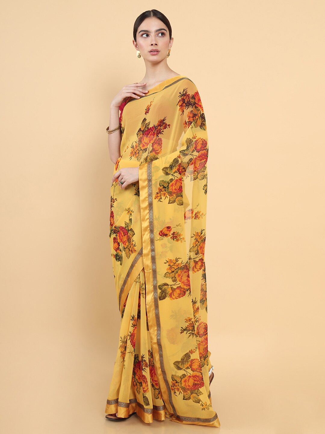 

Soch Mustard & Red Floral Pure Georgette Saree With Unstitched Blouse Piece
