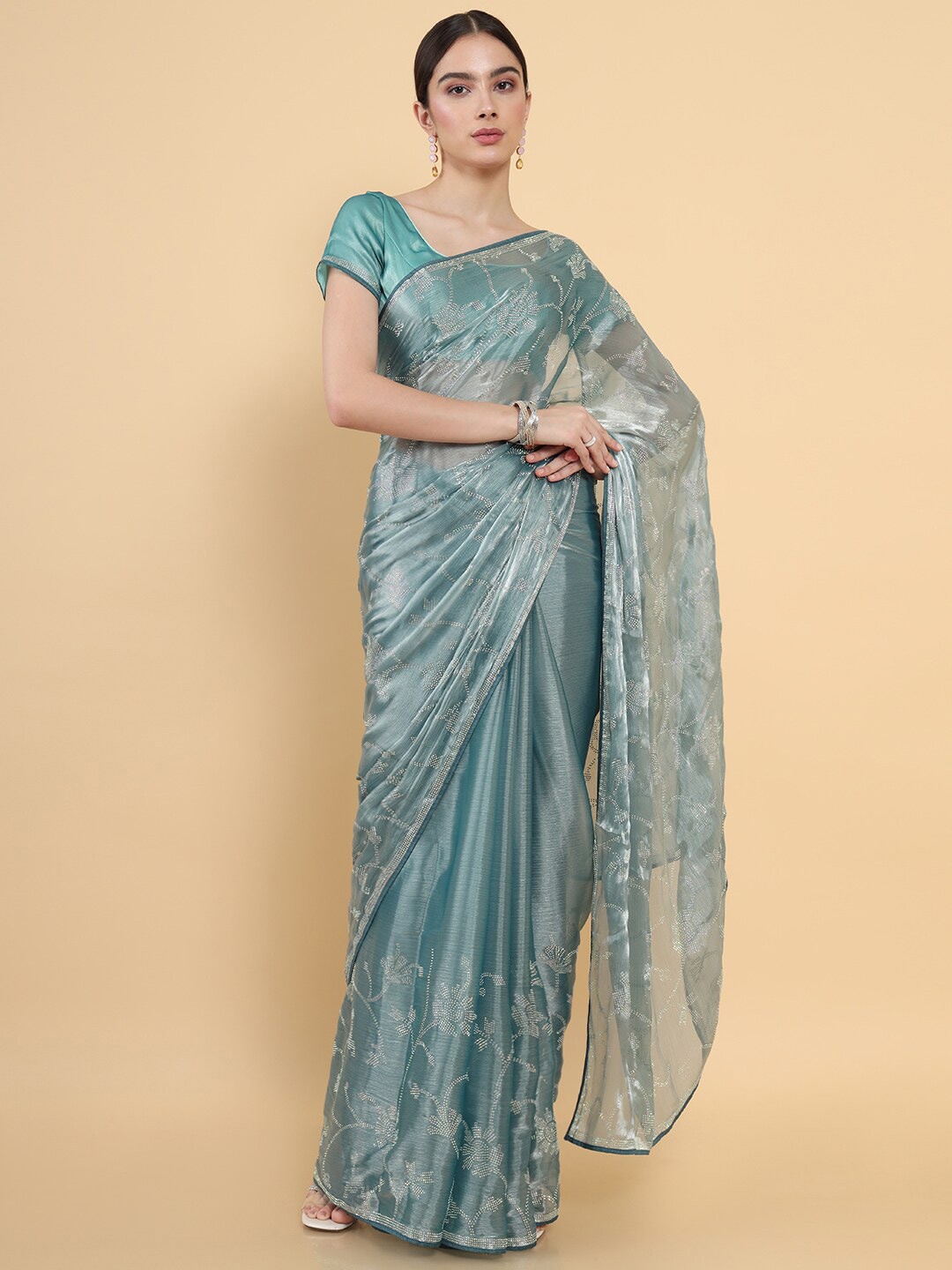 

Soch Grey & Silver-Toned Floral Pure Georgette Saree