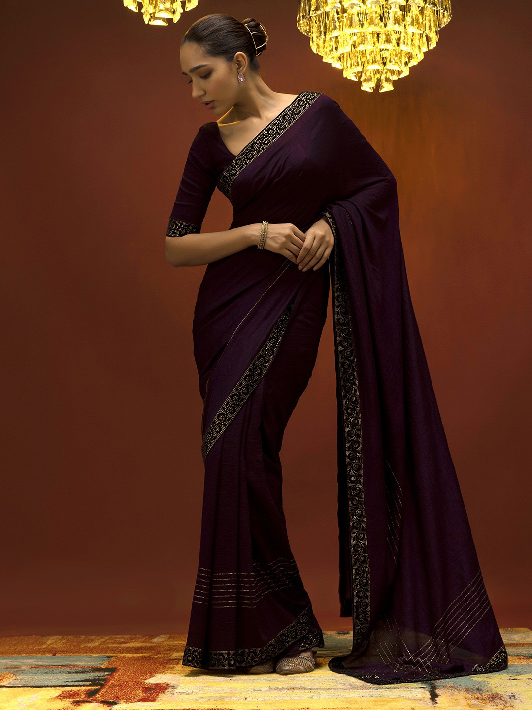 

Soch Coffee Brown & Silver-Toned Pure Georgette Saree