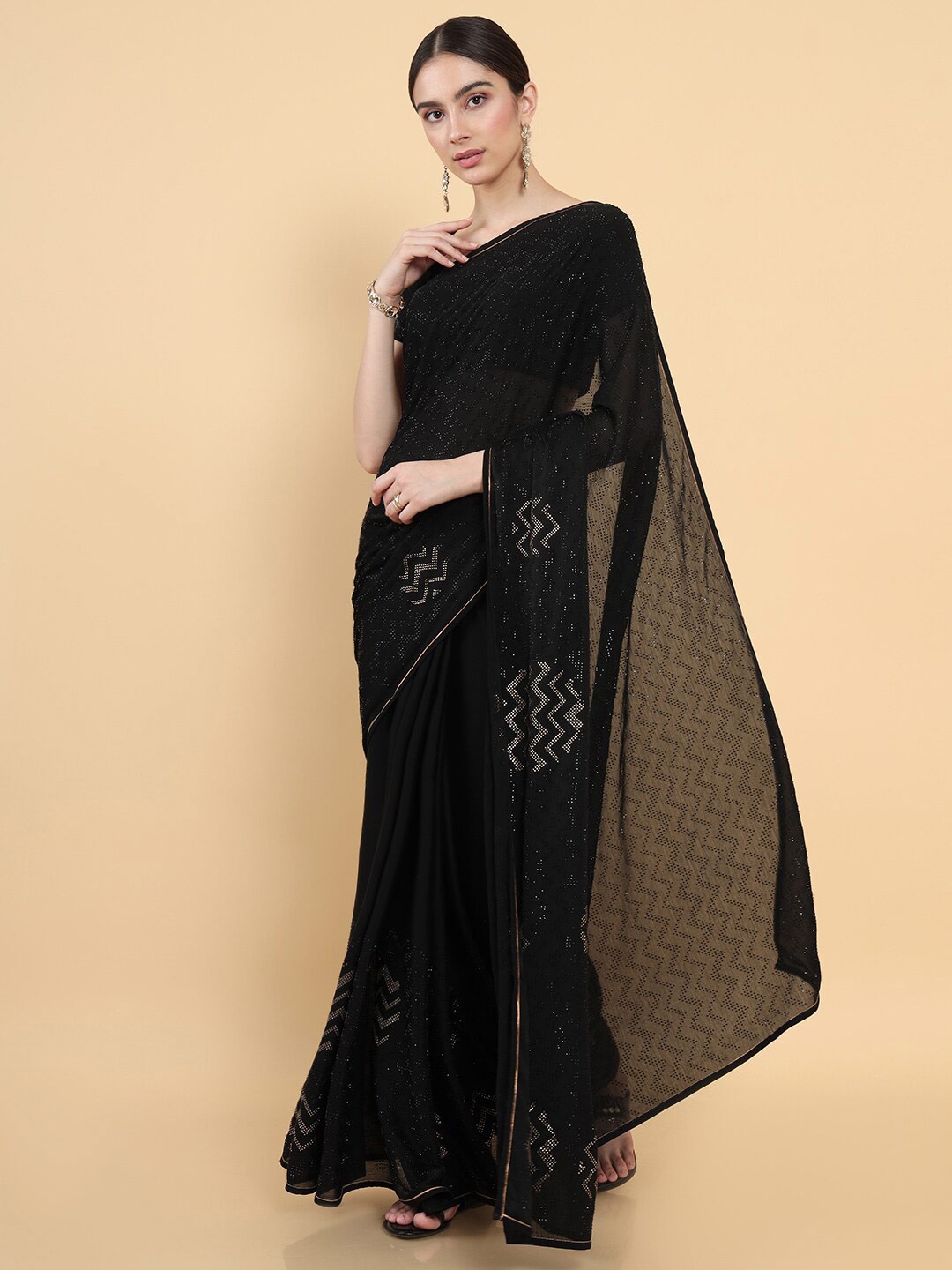 

Soch Black & Silver-Toned Embellished Beads and Stones Pure Crepe Saree