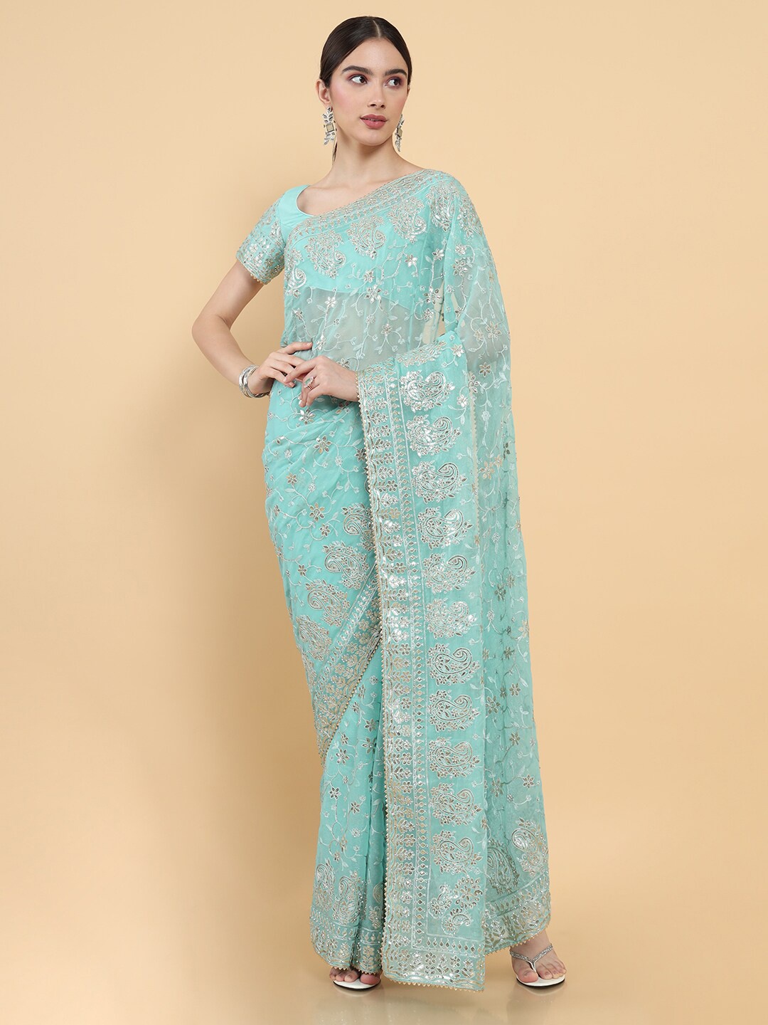 

Soch Blue & Gold-Toned Floral Gotta Patti Saree