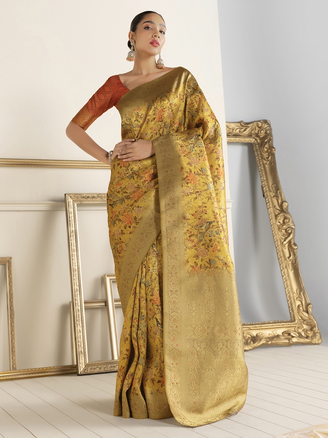 

Soch Mustard & Green Floral Printed Polycotton Saree