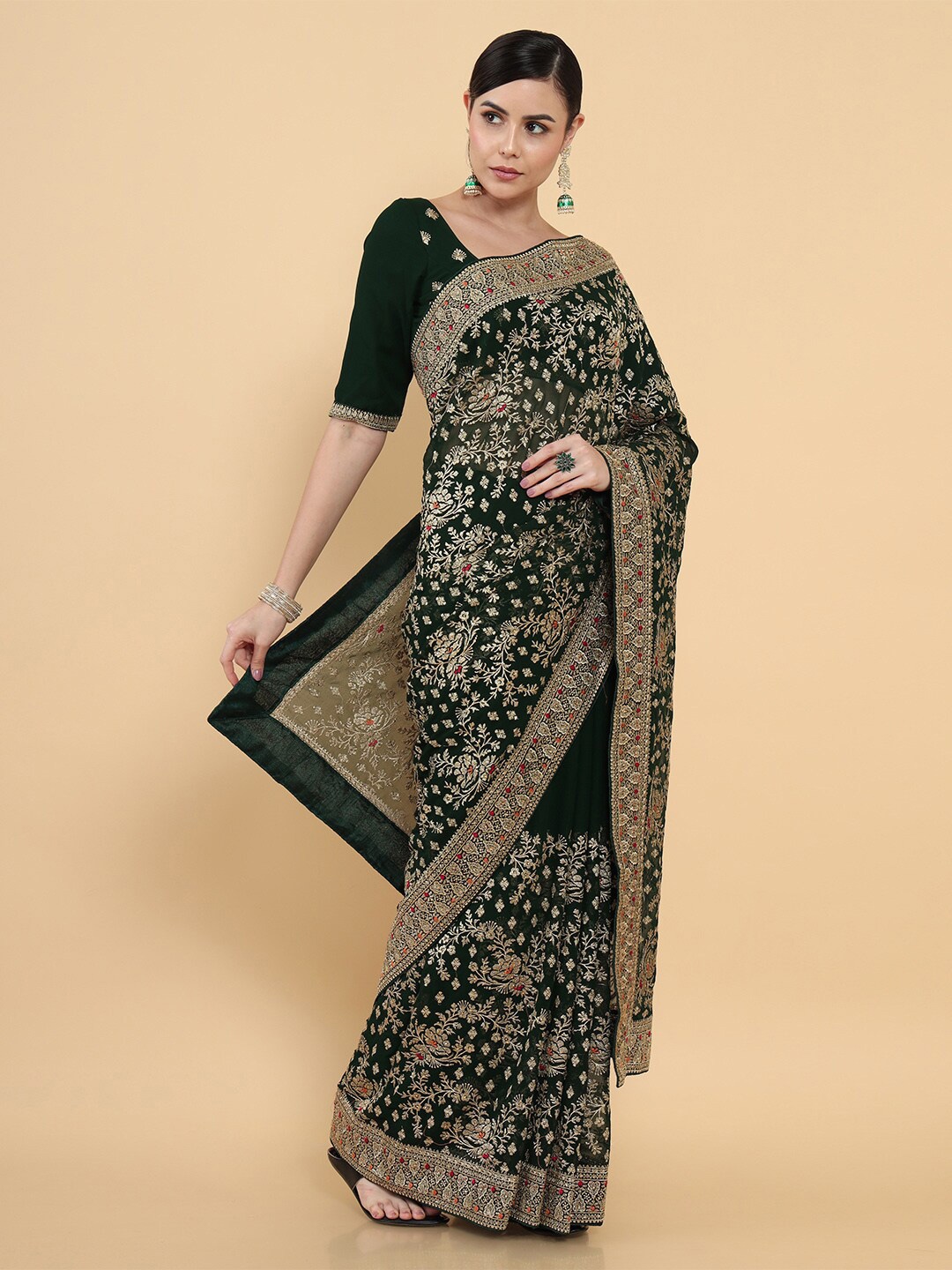 

Soch Green & Gold-Toned Floral Zari Saree