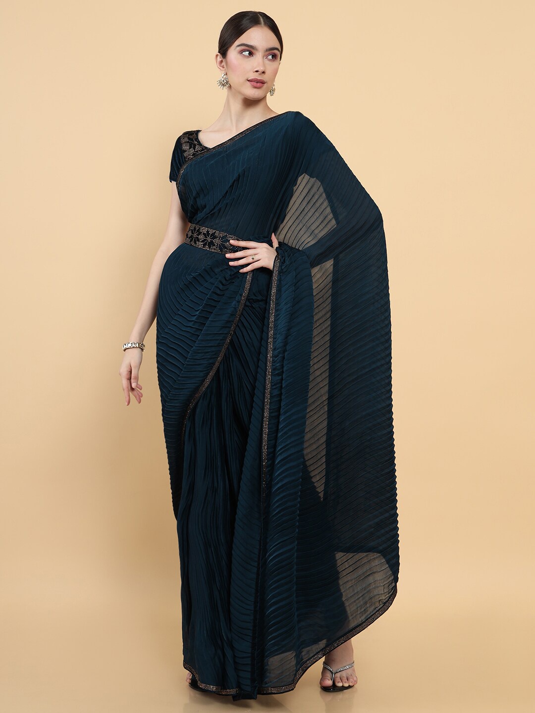 

Soch Teal Sequinned Pure Crepe Saree