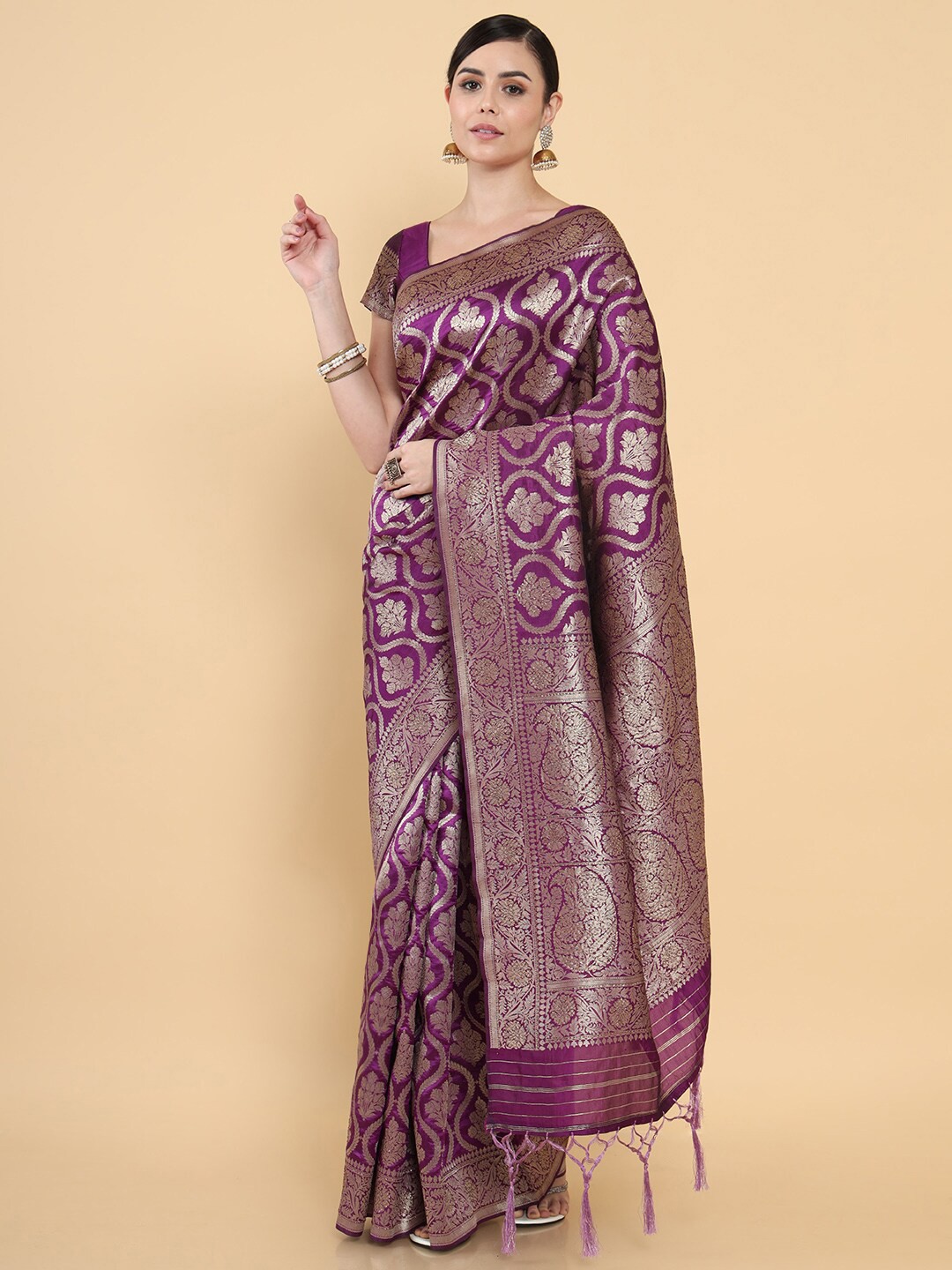 

Soch Purple & Silver-Toned Floral Zari Silk Cotton Saree