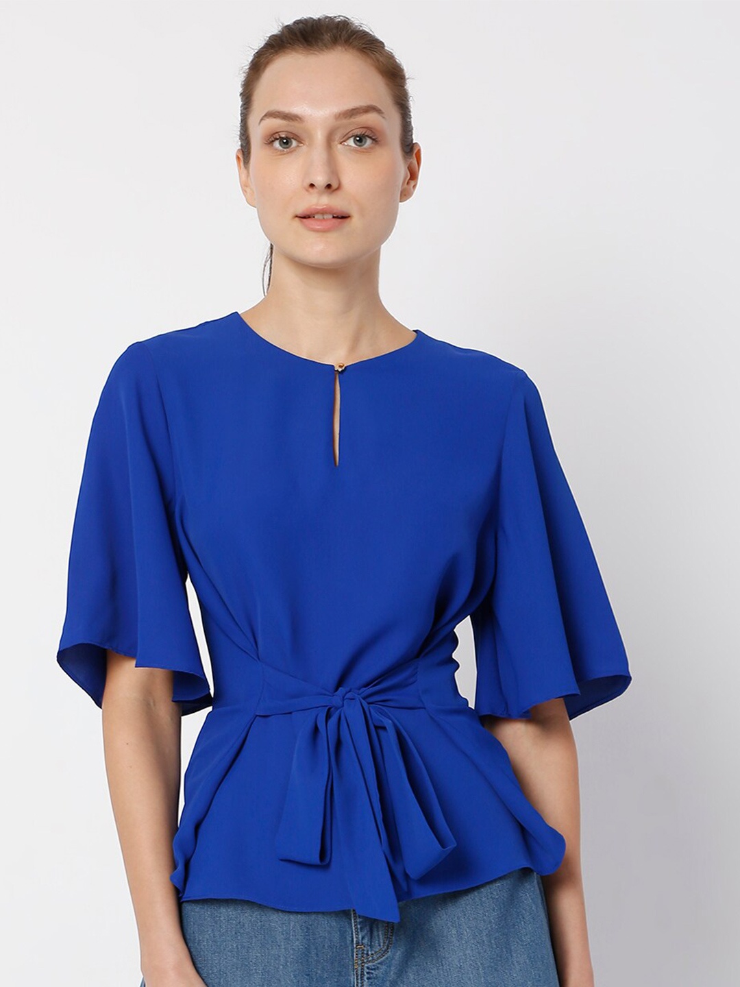 

Vero Moda Women Blue Keyhole Neck Cinched Waist Top